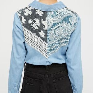 NWOT Free People meet me in Marfa Denim Patchwork Long Sleeve Button Down XS/S